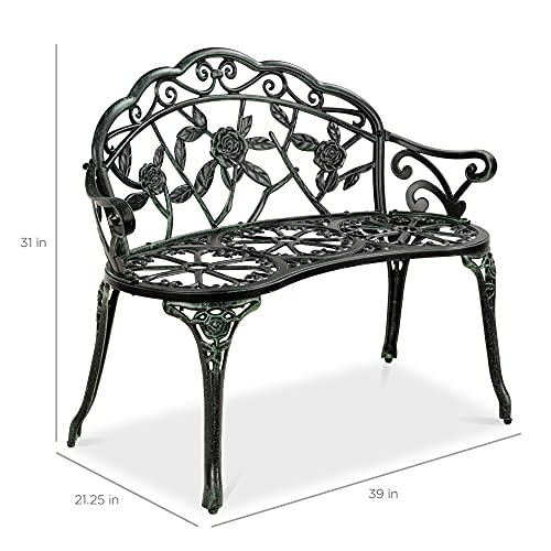 Best Choice Products Outdoor Bench Steel Garden Patio Porch Loveseat Furniture For Lawn, Park, Deck Seating W/Floral Rose Accent, Antique Finish - Black/Green #TOP6
