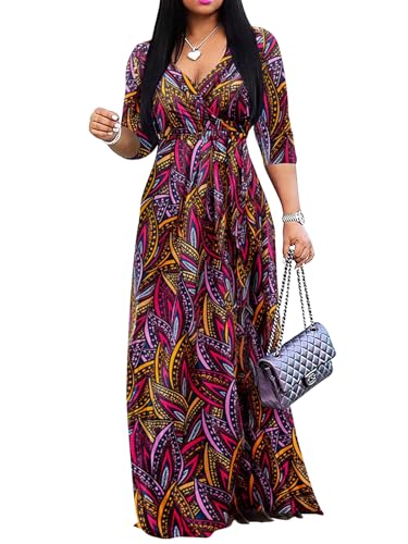 Image of Yajedo Womens Casual Summer Maxi Dress Plus Size Sexy Wrap V Neck 3 /4 Sleeve Sundress with Pockets