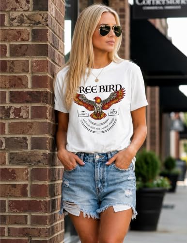 LETSEE Short Sleeve Shirts for Women Free Bird Vintage Rock Graphic Tees Casual Crewneck Tops Summer Rock Tee White - image 5
