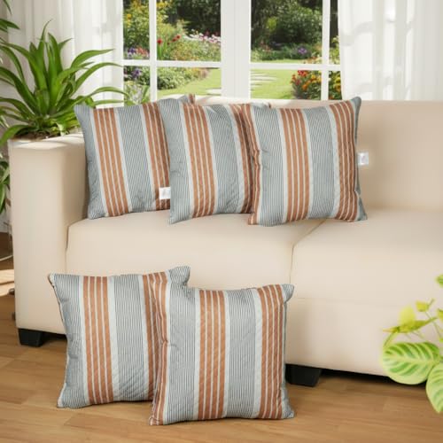 Image of STITCHNEST 'QuadraNest' Series Printed Quilted Velvet Cushion Cover 16x16 Inch Set of 5 | Premium Soft Fabric, Washable & Fade Resistant | Decorative Living Room Cushion Covers| Mustard & Grey Stripe