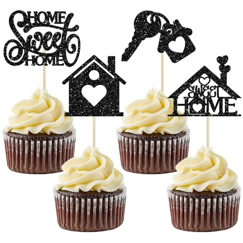 24Pcs Sweet Home Cupcake Toppers House Warming Cake Decorations Welcome New Home Cupcake Picks for Housewarming Party Decorations Black