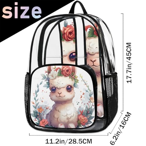 Beautiful Alpaca Flower Watercolor Clear Backpack Stadium Approved PVC Backpacks for Adults Heavy Duty Clear Bag for Work Security Travel College2
