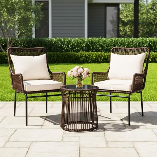 Image of DEVOKO Outdoor 3 Piece Patio Rope Chair Table Set All Weather-Resistant Cushion Handmade Furniture Perfect for Balcony, Garden, Patio, Terrace(Brown & Cream)