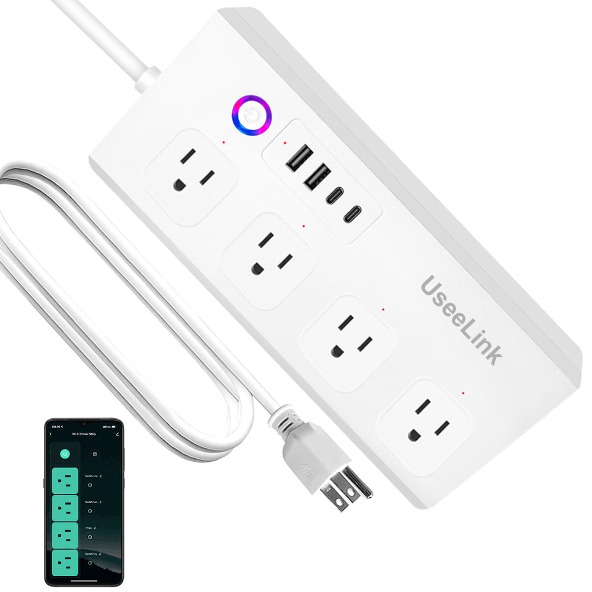 UseeLink Smart Power Strip, WiFi Flat Plug Strip with 4 Smart Outlets and 4 USB Ports(2A2C), 5 Feet Extension Cord Surge Protector, Only 2.4 GHz Wi-Fi