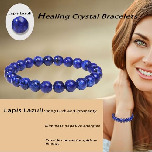 8mm Lapis Lazuli Bracelet for Women Men,Handmade Gemstone Stretch Elastic Healing Crystal Bracelets Blue Stone Beaded Jewelry Protection and Luck4