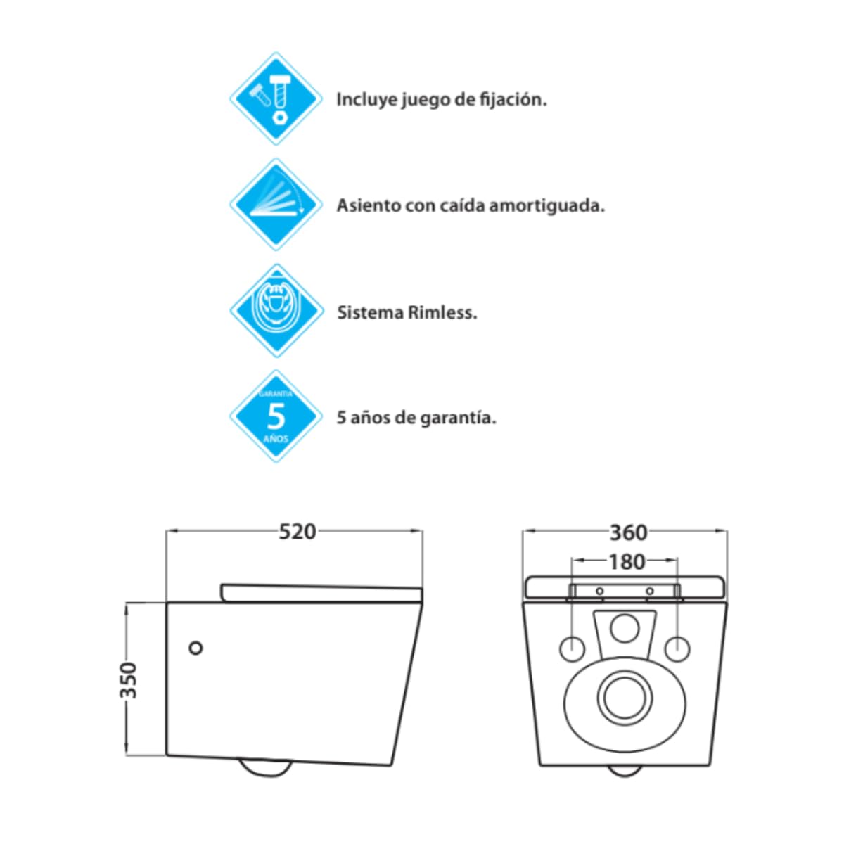 Inodoro Suspendido Empotrado Rimless | Wc Colgante Cuadrado Ceramica Sin Bridas Montado a Pared con Tapa Caida Amortiguada Fondo reducido