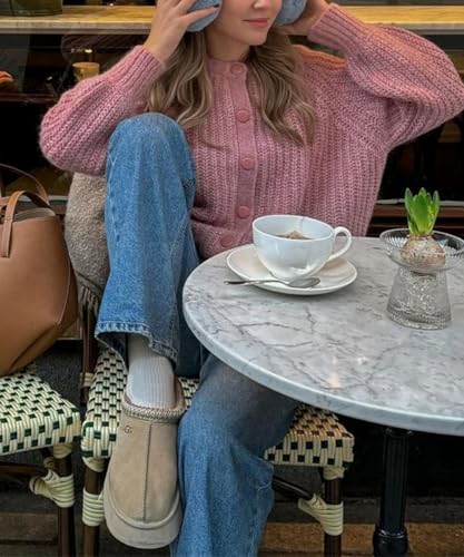Image of Women's Casual Puff Long Sleeve Crew Neck Cardigan Button Down Open Front Knit Loose Sweater Outwear