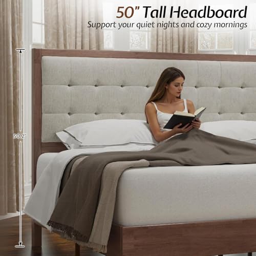 Image of Jocisland Full Bed Frame Solid Wood,50 inch Tall Upholstered Headboard,Walnut | Mid-Century Modern Design,Linen Tufted Headboard,Wood Slats,No Box Spring Needed,Stable Platform Support,Noise-Free Sleeping