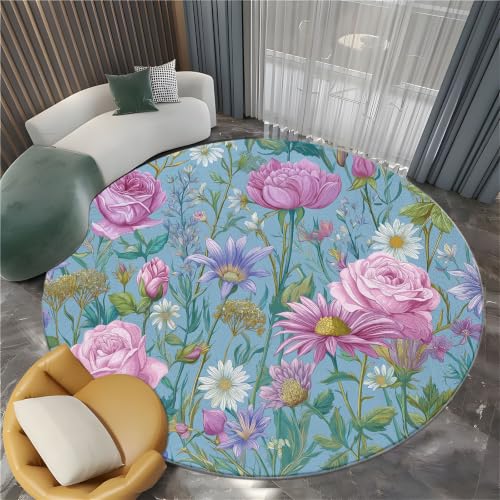 Tapis salon bleu rond 100 cm style champêtre à fleurs rose lavable