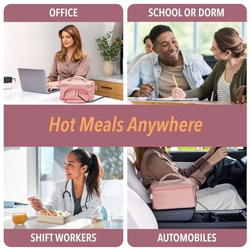 Bentgo Heat - Electric Lunch Bag & Food Warmer for Reheating Meals in Car, at Work & More - Heated Lunch Box Warmer for Adults, Students & Shift Workers, 12V/24V Auto & 120V Wall Cords (Blush)