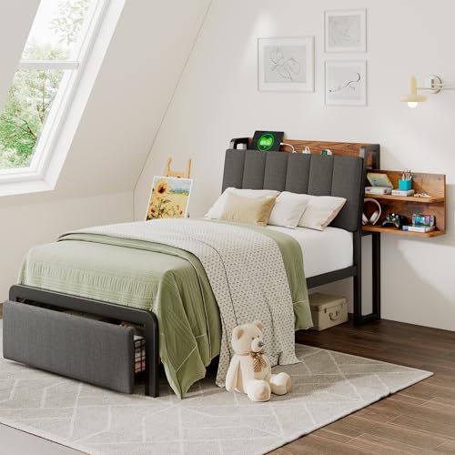 Einhomn Twin Metal Bed Frame with 2-Tier Hidden Storage & 1 Drawer, Upholstered Platform Bed with Charging Station, Ergonomic Headboard & Heavy Duty Metal Slats, No Box Spring Needed, Noise-Free