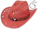 EOZY Straw Cowgirl Hat for Women Men Western Cowboy Hat Woven Hollow Out Wide Brim Sun Hat with Chin Strap/Red