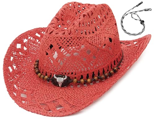 EOZY Straw Cowgirl Hat for Women Men Western Cowboy Hat Woven Hollow Out Wide Brim Sun Hat with Chin Strap/Red