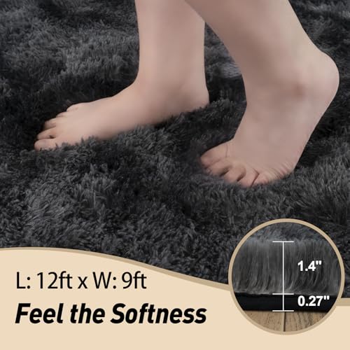 Area Rugs 9x12 Living Room, Large Fluffy Rugs for Bedroom, Soft Carpet Shag Kids Room Rug, Non-Slip Fuzzy Rugs Indoor (Black Grey Tie-Dyed, 9ft x 12ft)