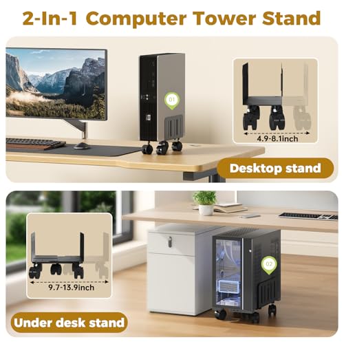 Image of JOY worker Computer Tower Stand, 4.9 to 13.9 inch Wide Adjustable Mobile PC Cart with 5 Wheels, Steel Tower Floor Stand Holds Up to 66 lbs, Rolling Gaming CPU Holder Under Desk, Black