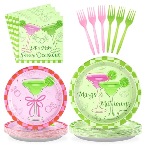 Image of Grencian 96 Pcs Margs and Matrimony Bachelorette Party Supplies, Serves 24 | Margarita Bachelorette Plates and Napkins Fiesta Cocktail Tableware Set for Martini Wedding Bridal Shower Party Decorations