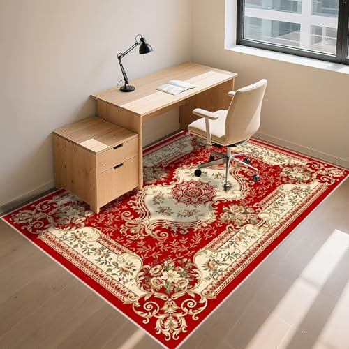 Tapis grand format rouge antidérapant 170x240cm au design floral vintage authentique - 8