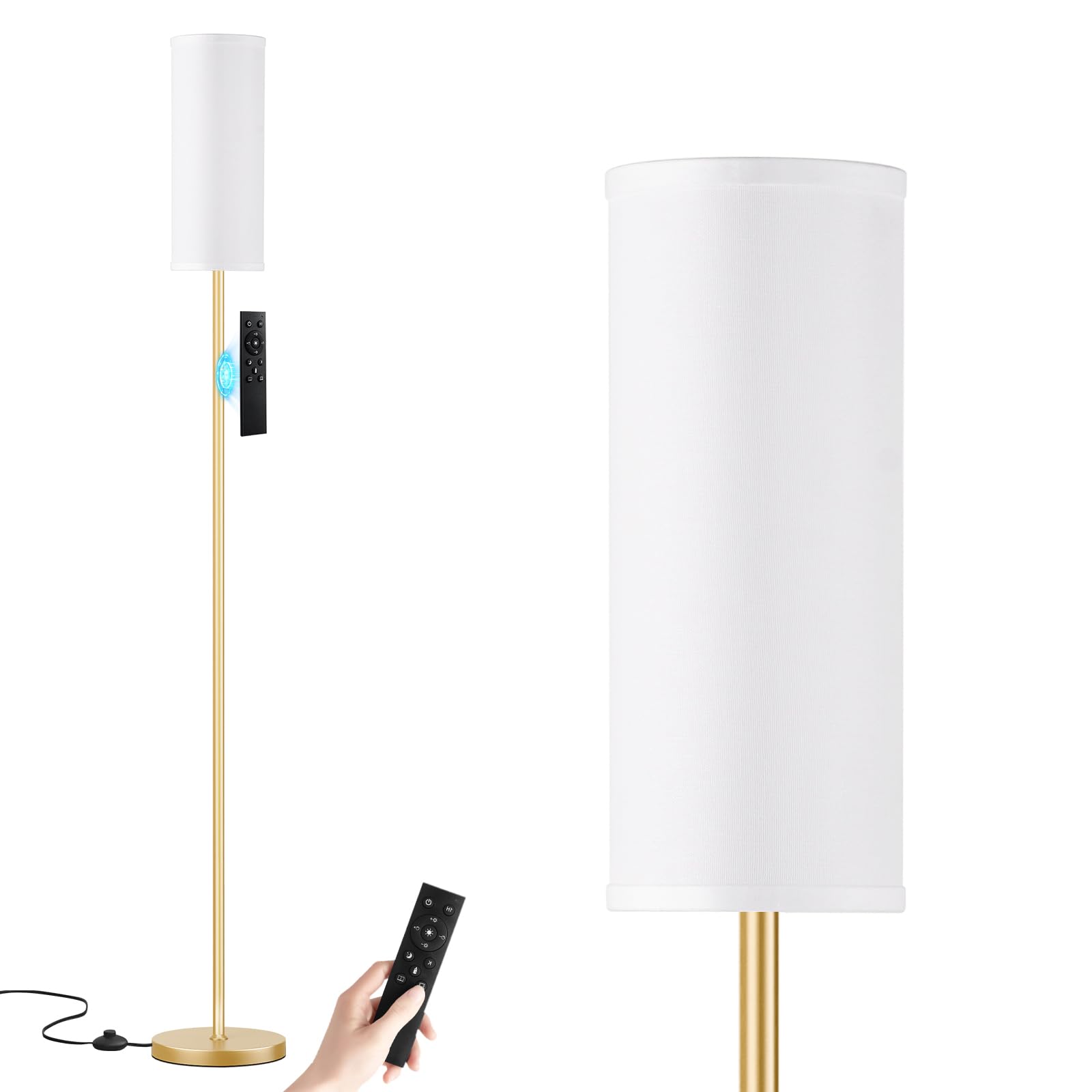 Ambimall 64'' Floor Lamps for Living Room with Remote Control and Stepless Dimmable Colors Temperature &amp; Brightness, 9W Bulb Included(White Lampshade &amp; Gold Pole)