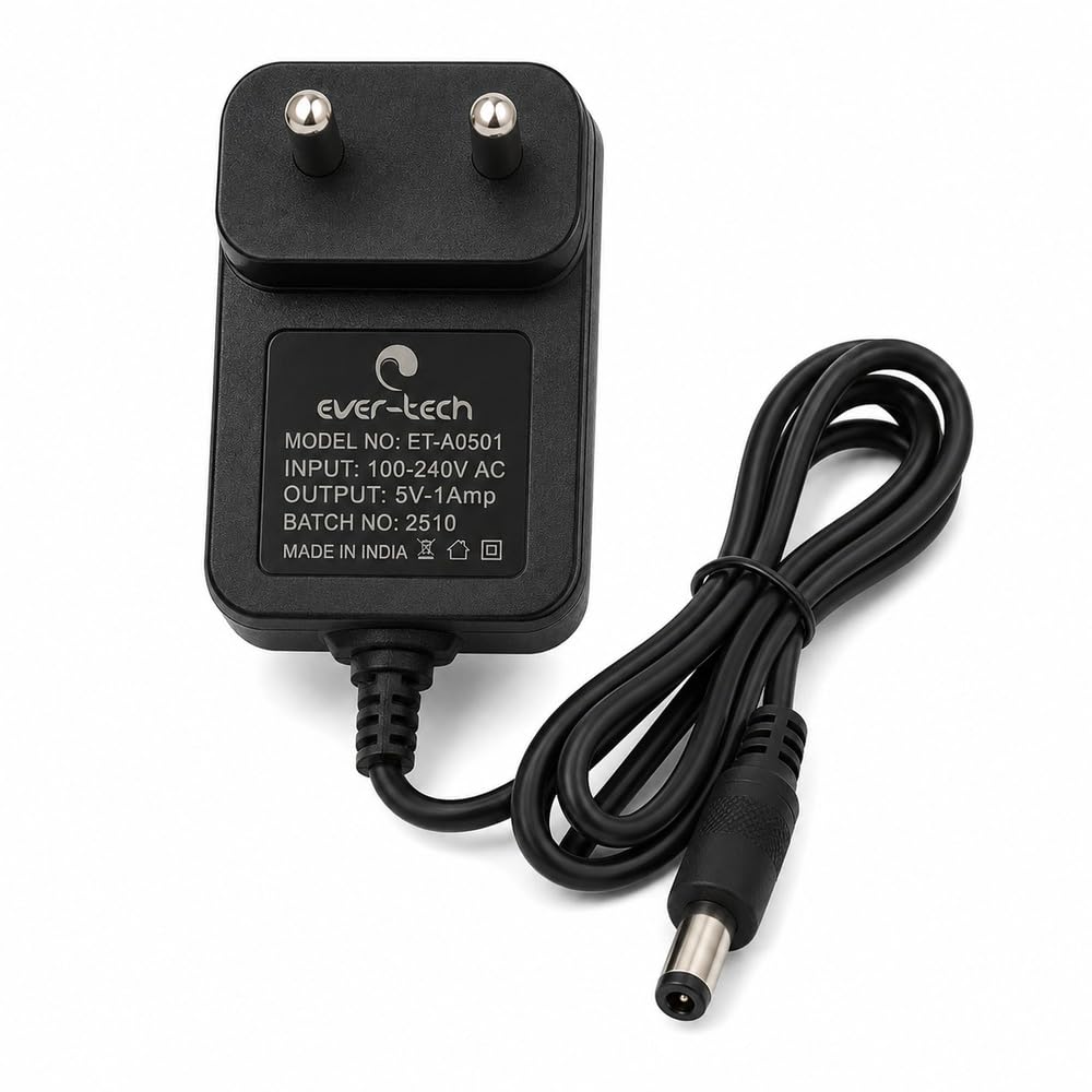 evertech et-a0501 5v 1a 5w plug-in ac/dc power adapter for 5v electronic devices, 5.5 x 2.5 mm dc barrel pin, led indicator, black