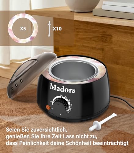 Madors Wachswärmer Warm Wax maschine enthaarung - Waxing Maschine für Wachs Haarentfernung Perlen für Ganzkörper Waxing zu Hause, Enthält Nasenhaar Stick (10 Stück) + Anti-Rutsch-Ring (5 Stück)