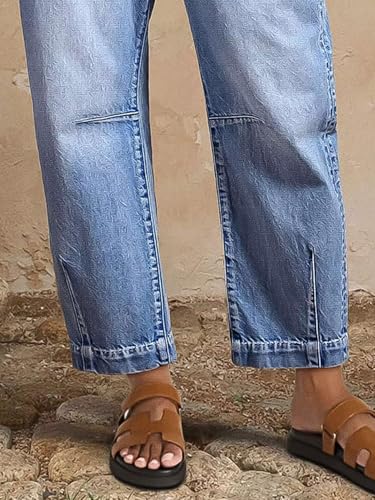 Women's Straight Leg Cropped Jeans, Barrel Leg Casual Fit with Mid Rise, Distressed Wash and Stitch Detail, No Belt Needed2