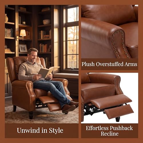 Image of Leather Recliner Chair, Pushback Recliner Chair with Adjustable Backrest Footrest, Mid Modern Reclining Chair with Overstuffed Arms Lumbar Support for Reading, Living Room, Brown