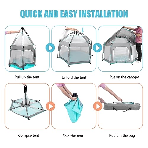 Baby Playpen with Canopy, Portable Baby Beach Tent, Toddler Play Yard Indoor and Outdoor, Foldable Mosquito Net for Infant - Grey - Image 6