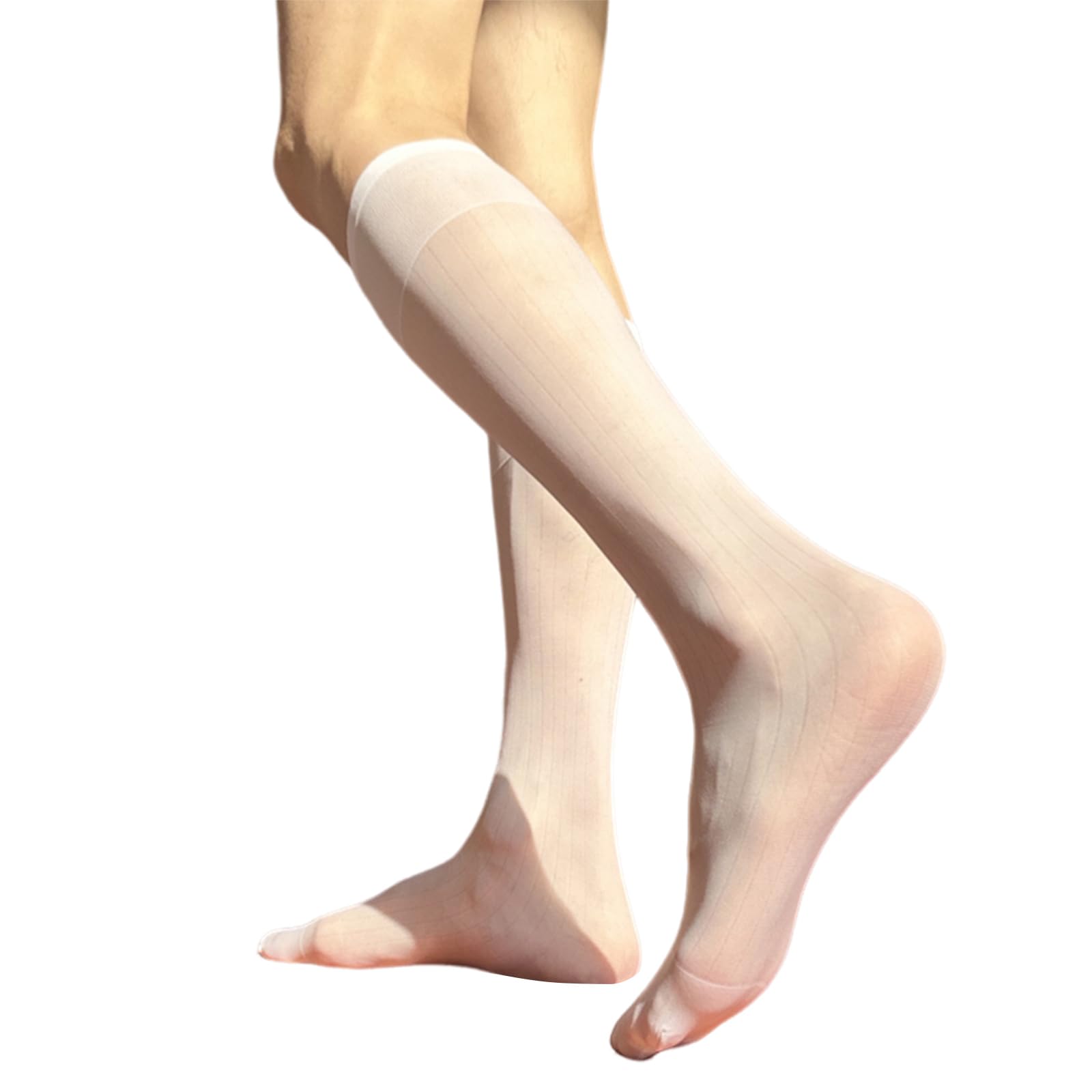 Yuzimei Men's White Socks, Nylon Sheer Suit Socks Business Dress Socks Elastic Wide Striped See Through Formal Dress Over The Calf Stockings