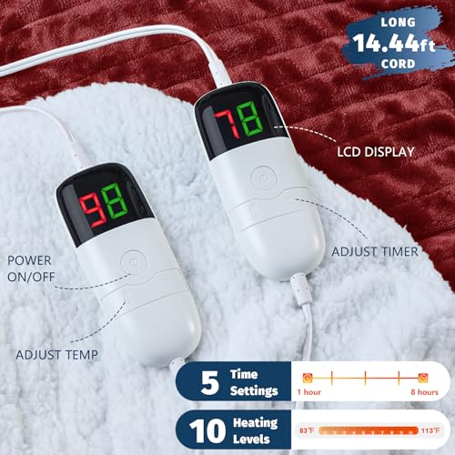 Heated Electric Blanket Queen Size - 84" x 90" Heating Blanket with Dual Control, 10 Levels & 8 Hours Auto Off, Soft Warm Flannel Gift with Over-Heat Protection, ETL & FCC Certified