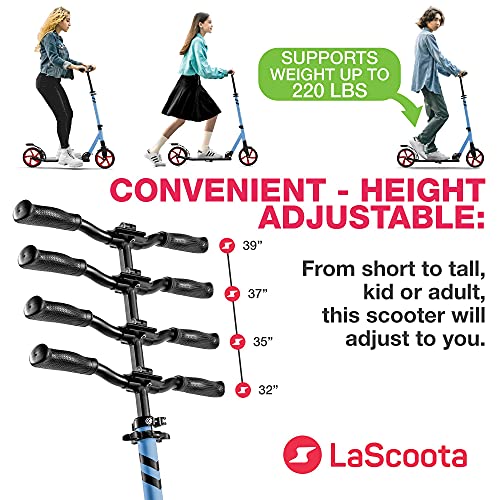 Image of LaScoota Kick Scooter for Kids Ages 6+, Teens & Adults, Large 8 inch Sturdy Urethane Wheels. Adjustable Handlebar, Lightweight, Foldable, 220lbs Max Load
