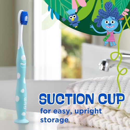 Image of GUM Monsterz Jr Kids Toothbrush, Soft Bristles with Suction Cup Base, Ages 5+, 2 Count (Pack of 6)