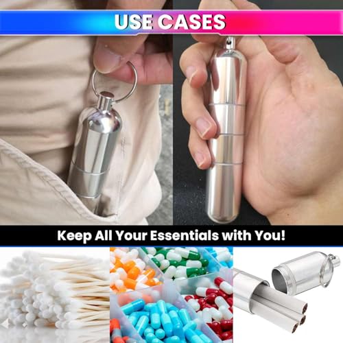 Image of amiciCare Keychain Pill /Cigarette Container, Aluminium Alloy Waterproof Storage Tube for Outdoor Travel with Adjustable Size (Big Single Compartment)