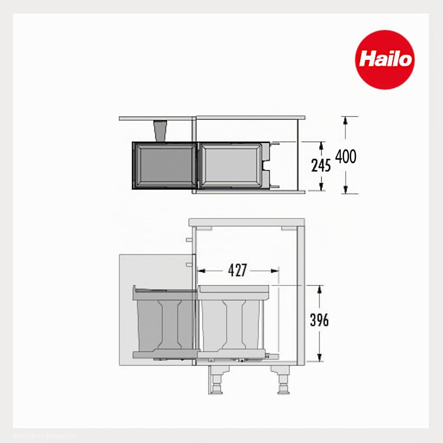 Hailo Abfallsammler 20L | Einbau-Mülleimer für Schrank ab 40 cm | Automatische Türanbindung mit Öffnungsautomatik | Vollauszug | Kunststoff-Inneneimer | Mit weißem Sparschäler