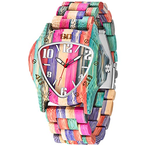 Buy Dentily Wooden Watches for Men Handmade Colorful Bamboo  🆕Dentily Analog Quartz Men Pink Wooden Handmade Colorful Bamboo Engraved Watch main image 2