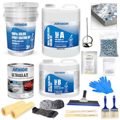 ArmorPoxy Garage Epoxy Floor Kit – 100% Solids - 2 Part Industrial-Grade Coating w/UltraGlaze Topcoat | DIY Slip & Hot Tire Resistant | 600 Sq Ft - Medium Gray - 17 pc kit