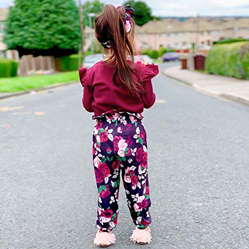 YALLET 3Pcs Toddler Girl Clothes Solid Color Long Sleeves Ruffle Top+Floral Pants+Headband 1-6 Years Fall/Winter Outfits Set4
