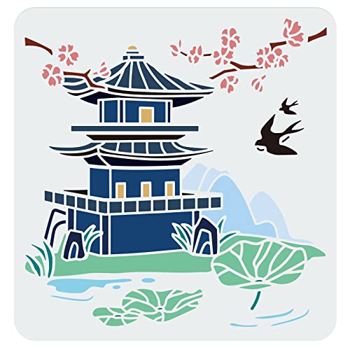 FINGERINSPIRE Oriental Pagoda Stencil 30x30cm Ancient Tower Cutout Drawing Templates Architecture Cherry Blossoms Swallow Lotus Leaf Hills Branch Painting Stencil for Home Decoration