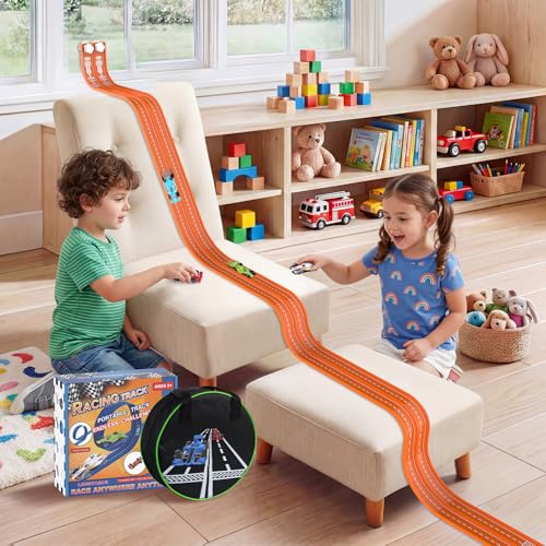 20Ft Flexible Race Track, Slot Car Race Track Set for Kids Ages 3+,Dual Racing Game 2 High-Speed Cars 1/64 Scale, w/8 Suction Cups,4 Alloy Cars– Ideal Easter Birthday Gift for Boys & Girls (Orange)