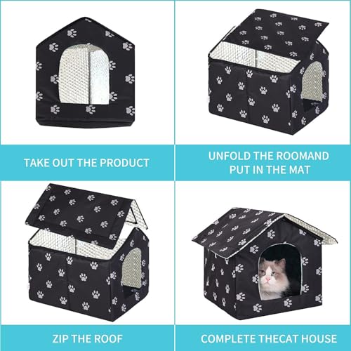 Katzenhaus Outdoor Winterfest, Katzenhöhle für Draußen, Katzenhaus Für Draußen Wasserdicht, Kombiniert isolierte Aluminiumfolie Mit abnehmbarem Transparentem Vorhang (L, Black)