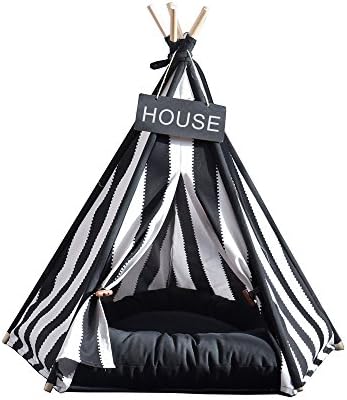 Pet Supplies Black And White Strip Style Pet Teepee and Kennels Dog Play House Play Tent Cat Bed 24 Inch With Cushion