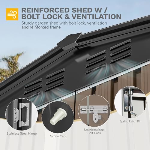 Image of DWVO 7x5ft Metal Outdoor Storage Shed, Waterproof Tool Shed Heavy-Duty Storage Unit with Lockable Door and Vents, Ideal for Bicycles, Tools, Lawnmowers, Backyards, Patios, Lawns - Brown