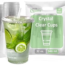 Large Clear Plastic Disposable Cups with Lids & Straws 25 count - 32 oz ounces Clear PET Cup for Cold Smoothie, Iced Coffee, Boba, Bubble Tea, Protein Shakes, Cold Drinks,Cups + Flat Lids +Straws