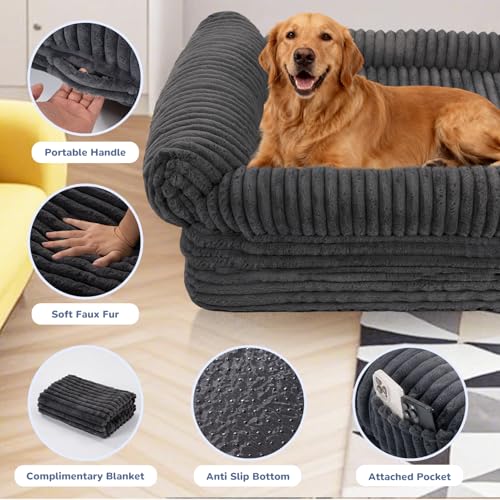 OtterOasis Foldable Human Dog Bed 72"x43"x11.5", Fluffy Faux Fur Human Sized Pet Bed with Blanket, Orthopedic Dog Bed with Egg Foam and Water Repellent Liner (Dark Grey (Foldable), 72" Length) — view 6