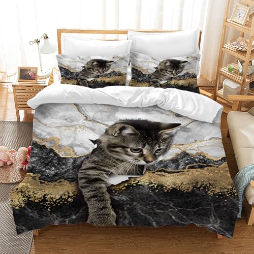 LLTTEER Housse de Couette Chat, Parure de Lit Imprimé Motif Mignon Chat avec 2 Taies d'oreiller,3D Animal de Compagnie Ensemble Housse de Couette pour Enfants Filles (Chat A, 200 x 200 cm)