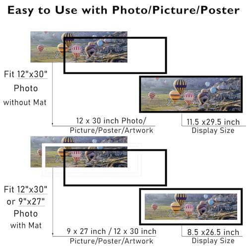 Image of JCJMY 12x30 Picture Frame with 9x27 Mat, Display Photo 9x27 with Mat or 12 x 30 Without Mat, Wall Hanging Large 12 by 30 Poster Frame with Plexiglass, Black