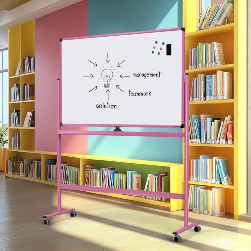 Image of Large Dry-Erase Rolling Magnetic Whiteboard - 48 x 32 Inches Dry Erase Board with Stand Height Adjust Double Sides Mobile White Board Easel on Wheels with 25 Sheets Paper Pad Office, Home & Classroom
