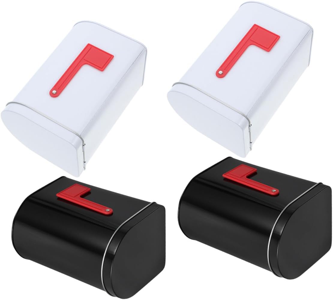 ERINGOGO Mailbox Candy Box Set, 4pcs Tinplate Rectangular Metal Storage Containers with Lid, Freestanding Decorative Candy Case for Christmas Party and Holiday Treats, Black and White