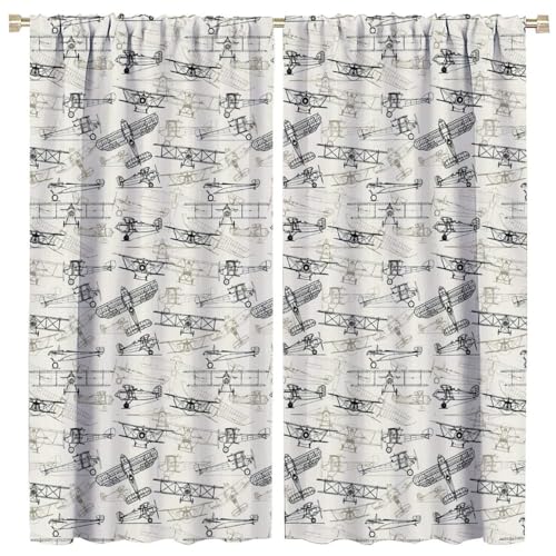Nanacur Cartoon Airplane Window Curtains for Girls Boy Home, Old Fashioned Transportation Hand Drawn Style Vintage Pattern, for Children Kid Living Room Bedroom 21(W)*45(L) 2 Panels (Decorative)