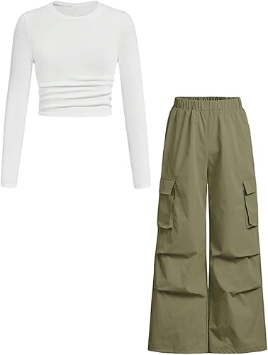 Girls Clothes 2 Piece Outfit Ribbed T-Shirt Top + Cargo Pants, Girls Fall Clothing Set, Sizes 5-16 Years