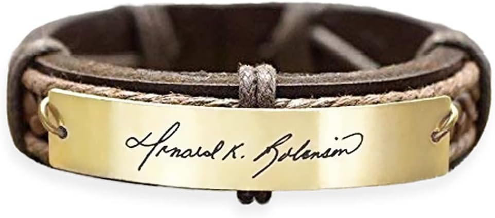 Personalized Signature Bracelet Gold, Custom Handwriting Name Engraved Memorial Jewelry Brown Leather Cuff